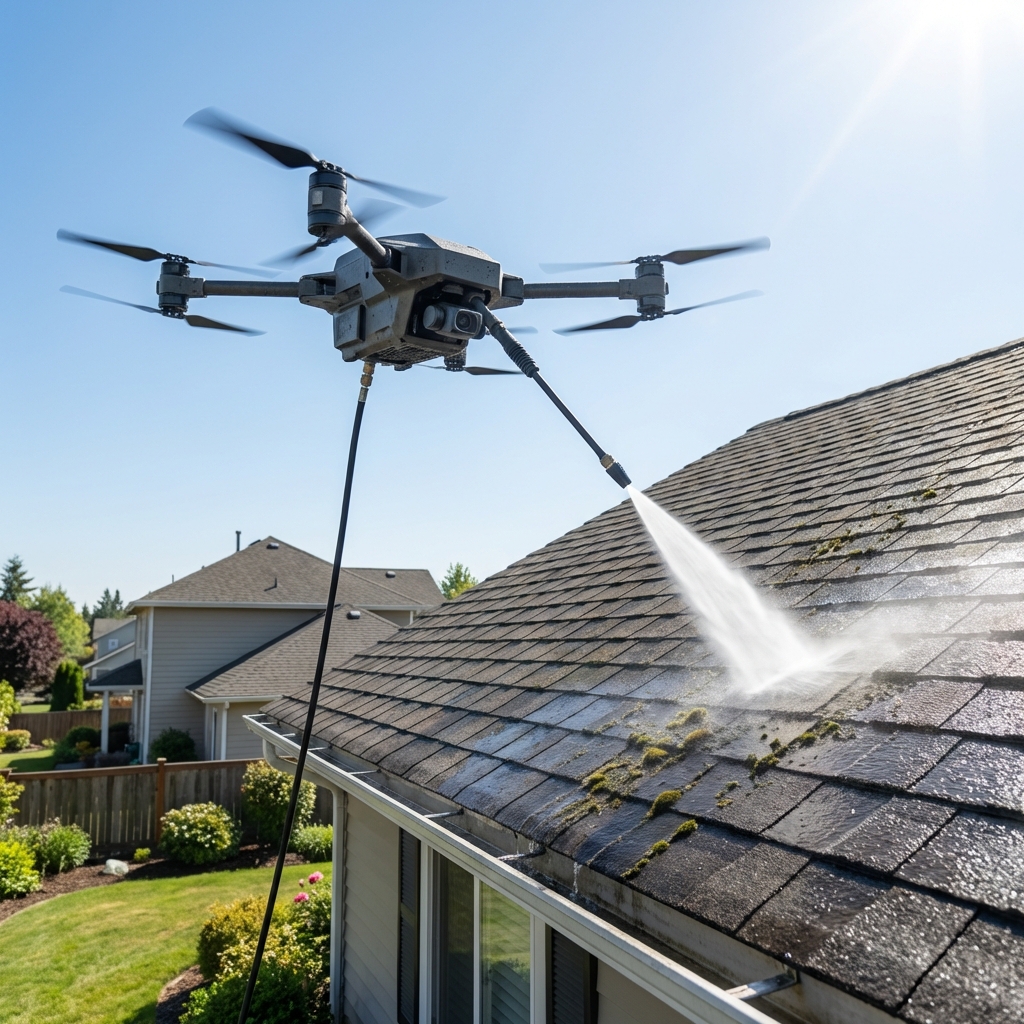 Drone cleaning a residential roof