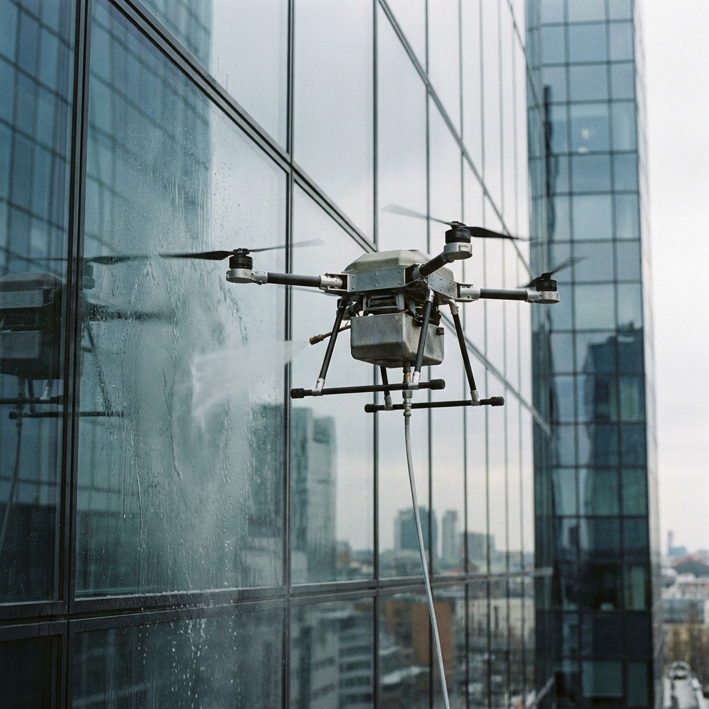 Drone cleaning windows on a high-rise